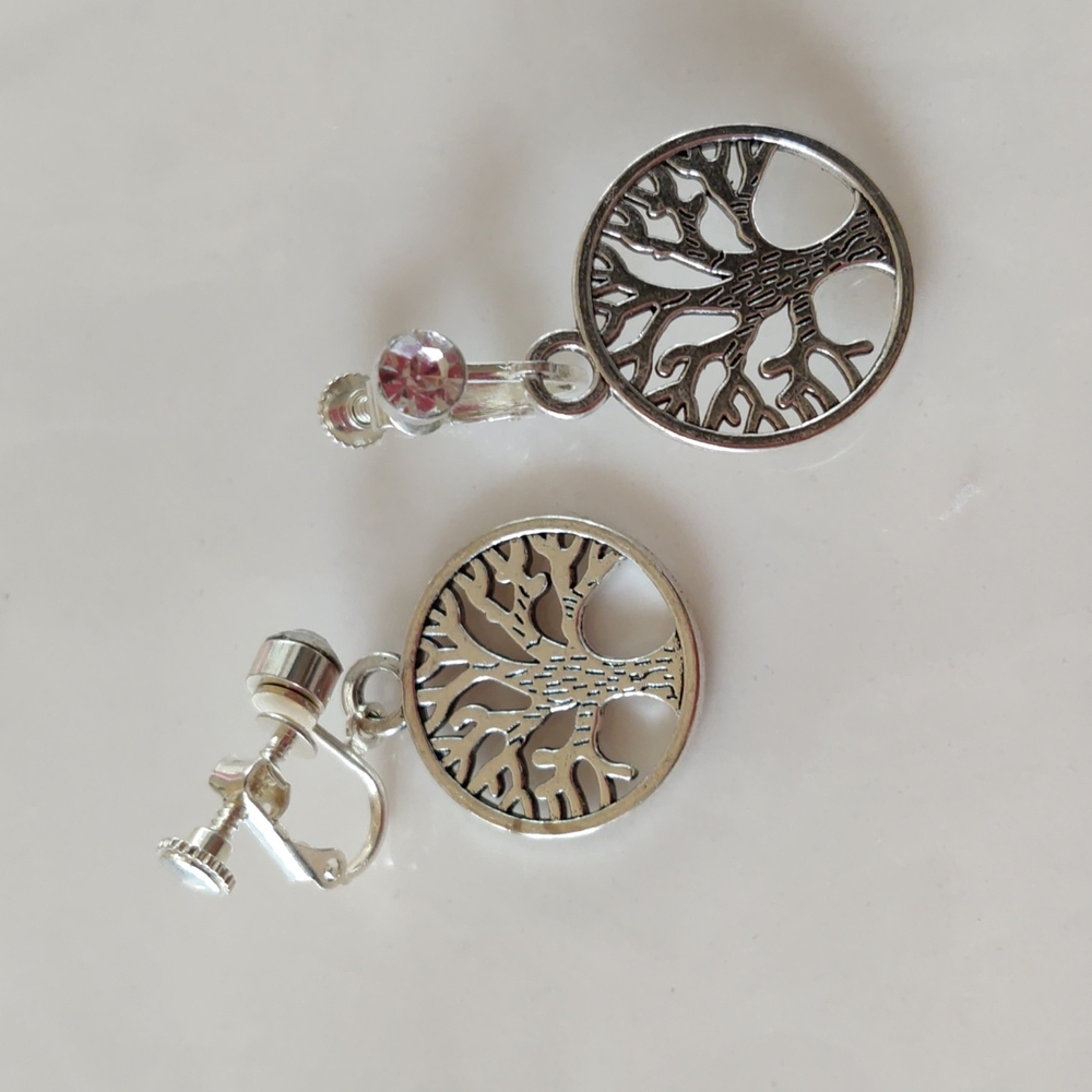New tree of love silver tone clip on earrings handmade